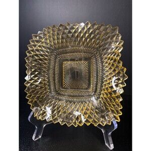 Antique EAPG Amber Daisy & Button Square Candy Nut Dish 6.75" Pressed Glass‎